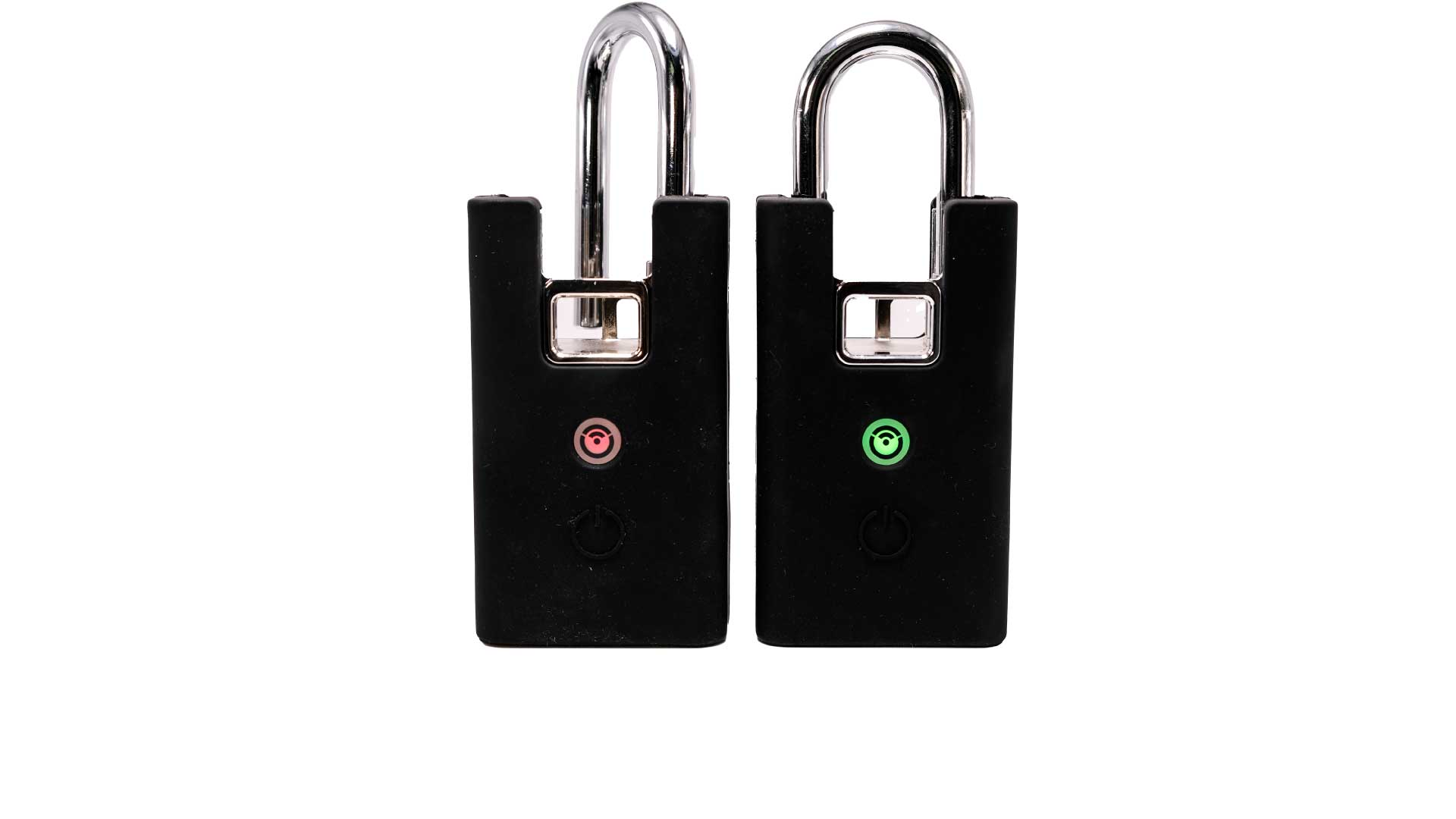 Two digital keyless locks. One locked and one unlocked.